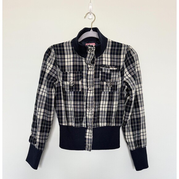 VTG Max Rave Jacket Womens Med Blue Plaid Wool Bomber Button Front Ribbed Trim - Picture 1 of 9